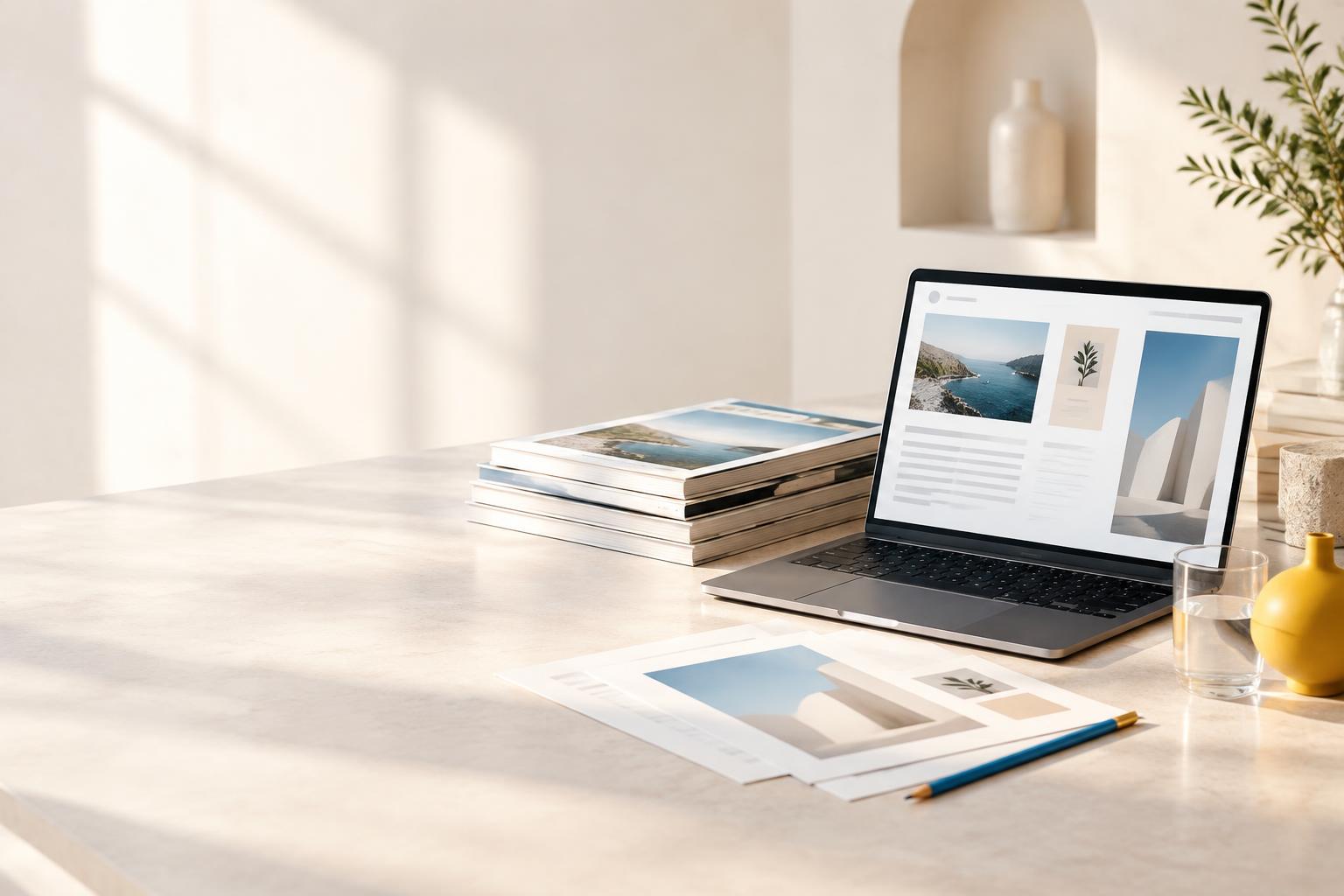 Editorial publishing workspace with a laptop and magazines